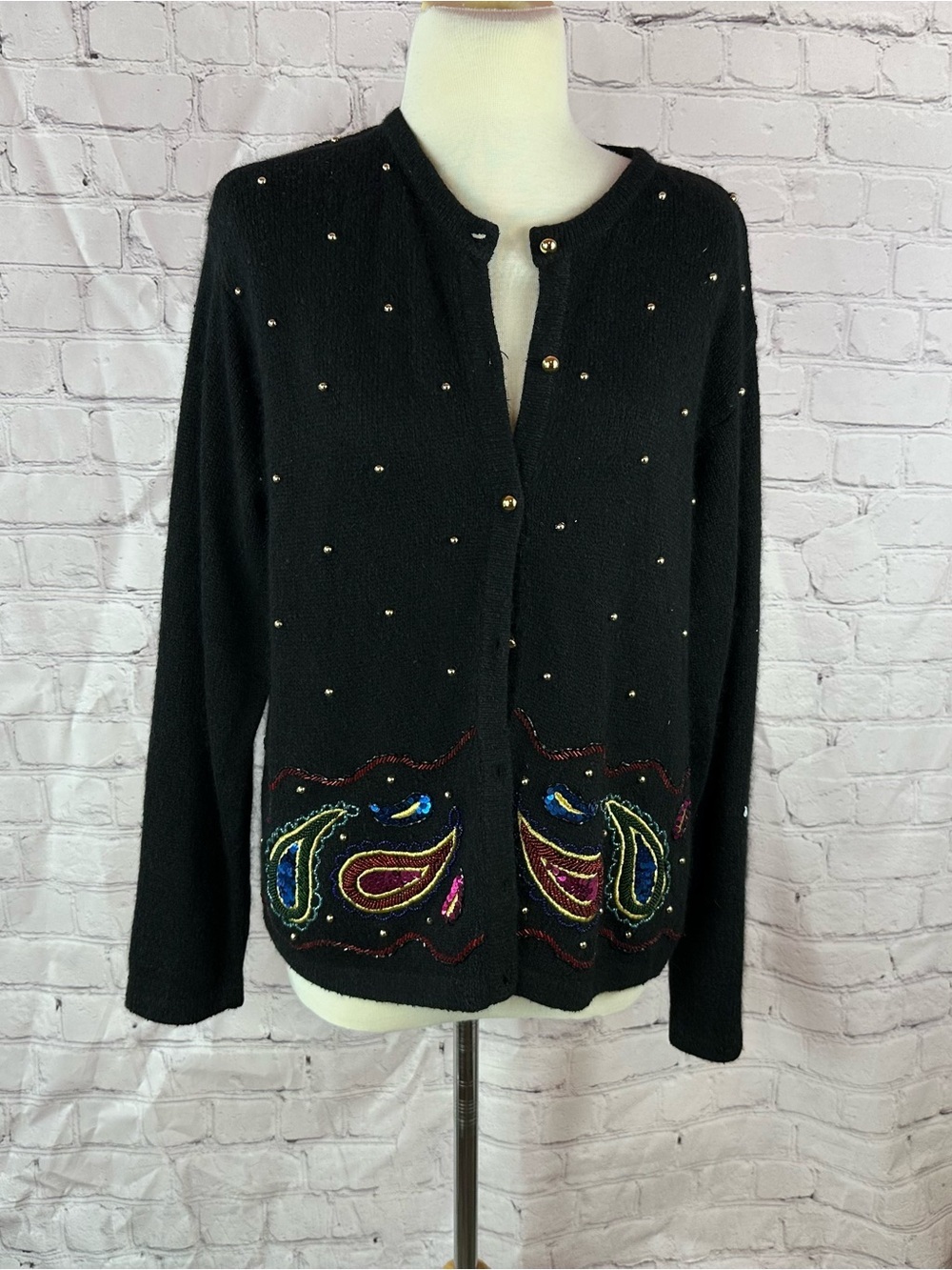 vtg Karen Scott evening Black Embellished Paisley Cardigan women M artisan boho
